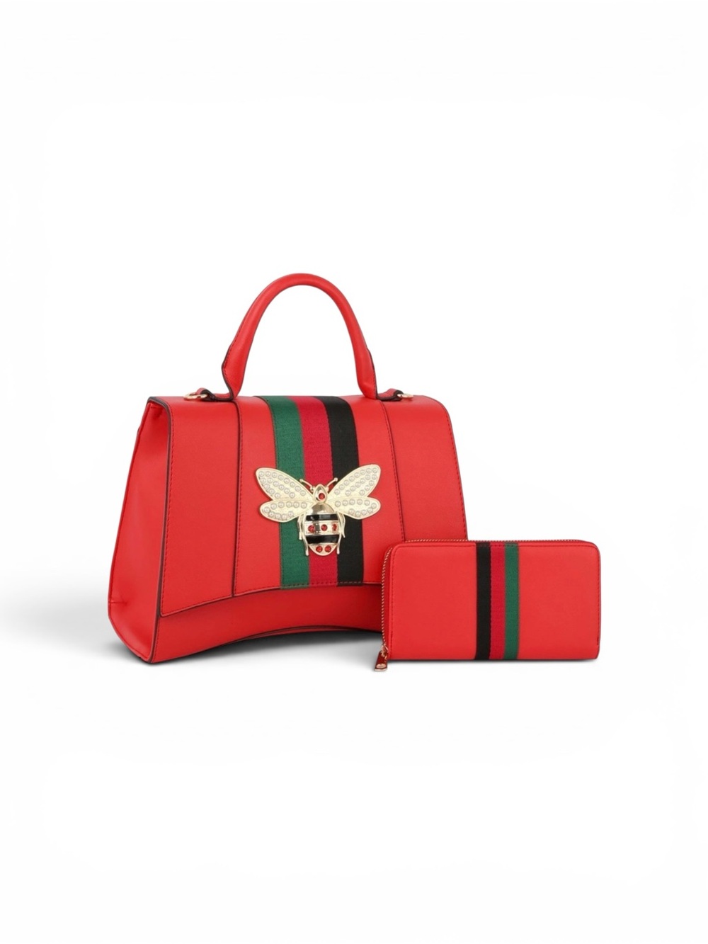 Red Top-Handle Bag and Wallet Set with Bee Accent 2 in 1